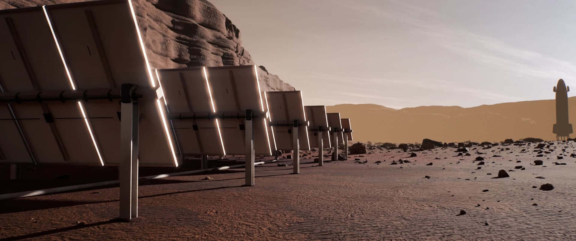 A row of solar trackers with Starship on the horizon, graded