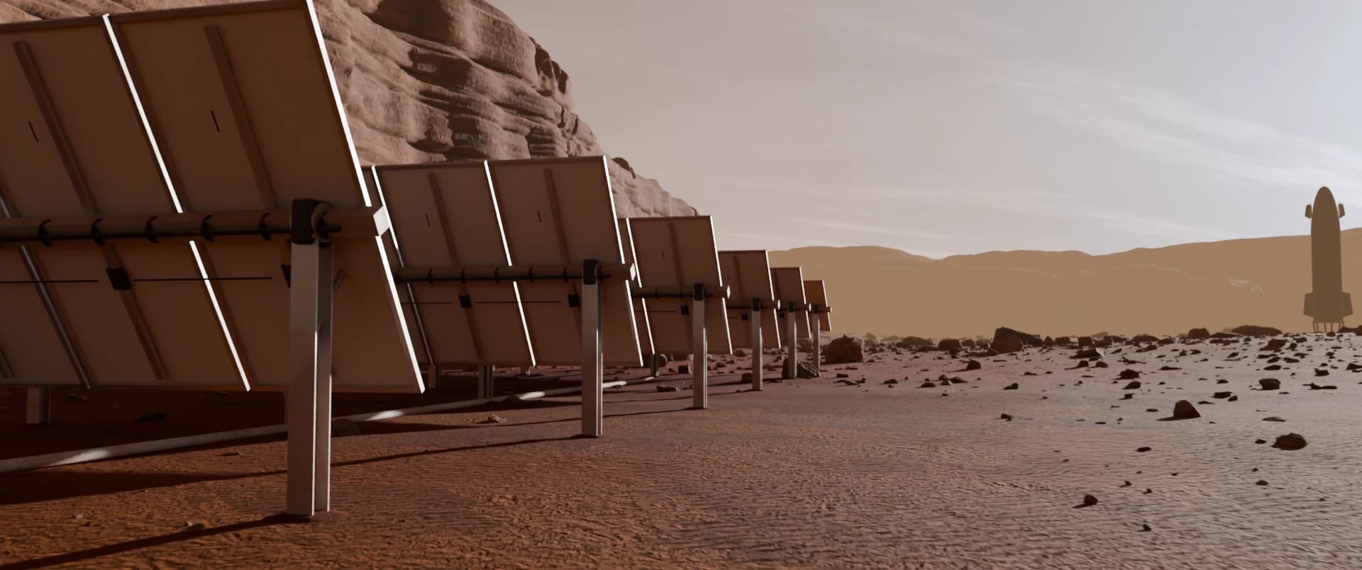 A row of solar trackers with Starship on the horizon, raw render