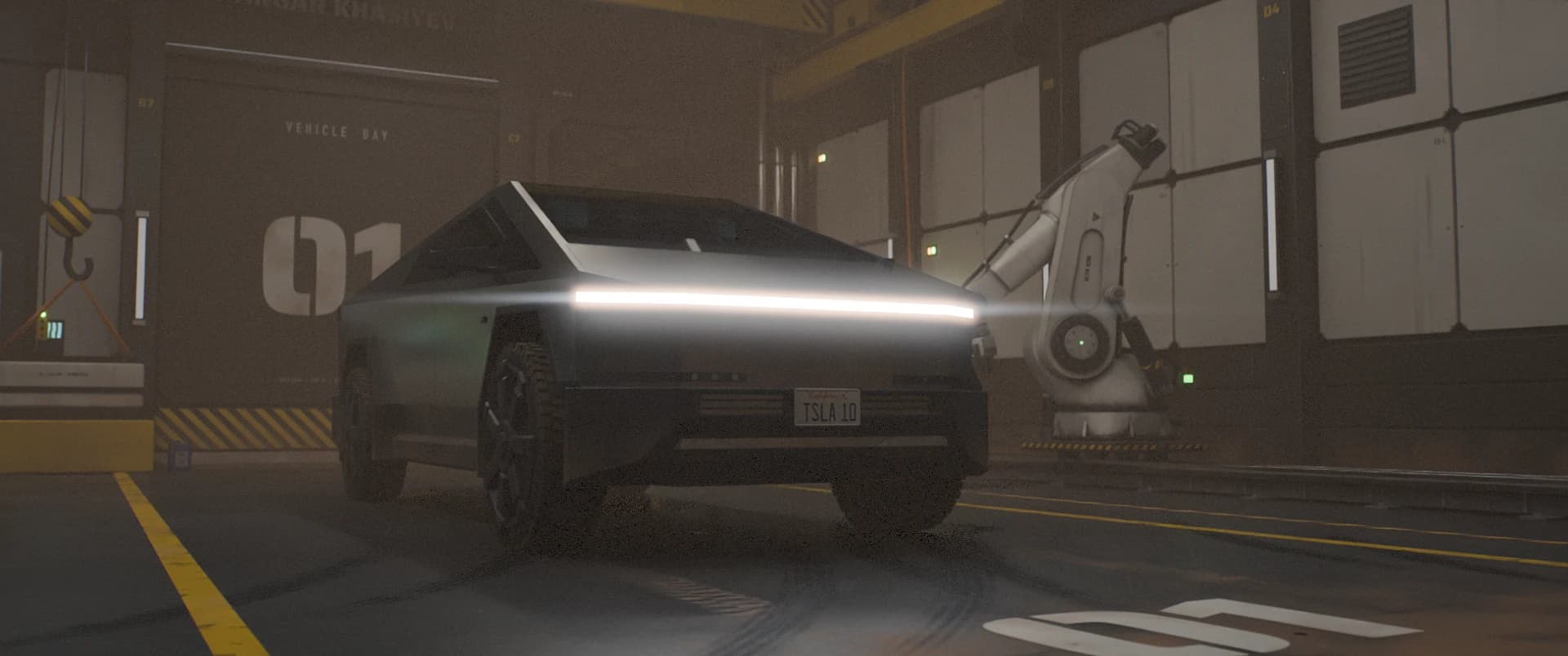 The Cybertruck in the hangar with its light bar on, graded