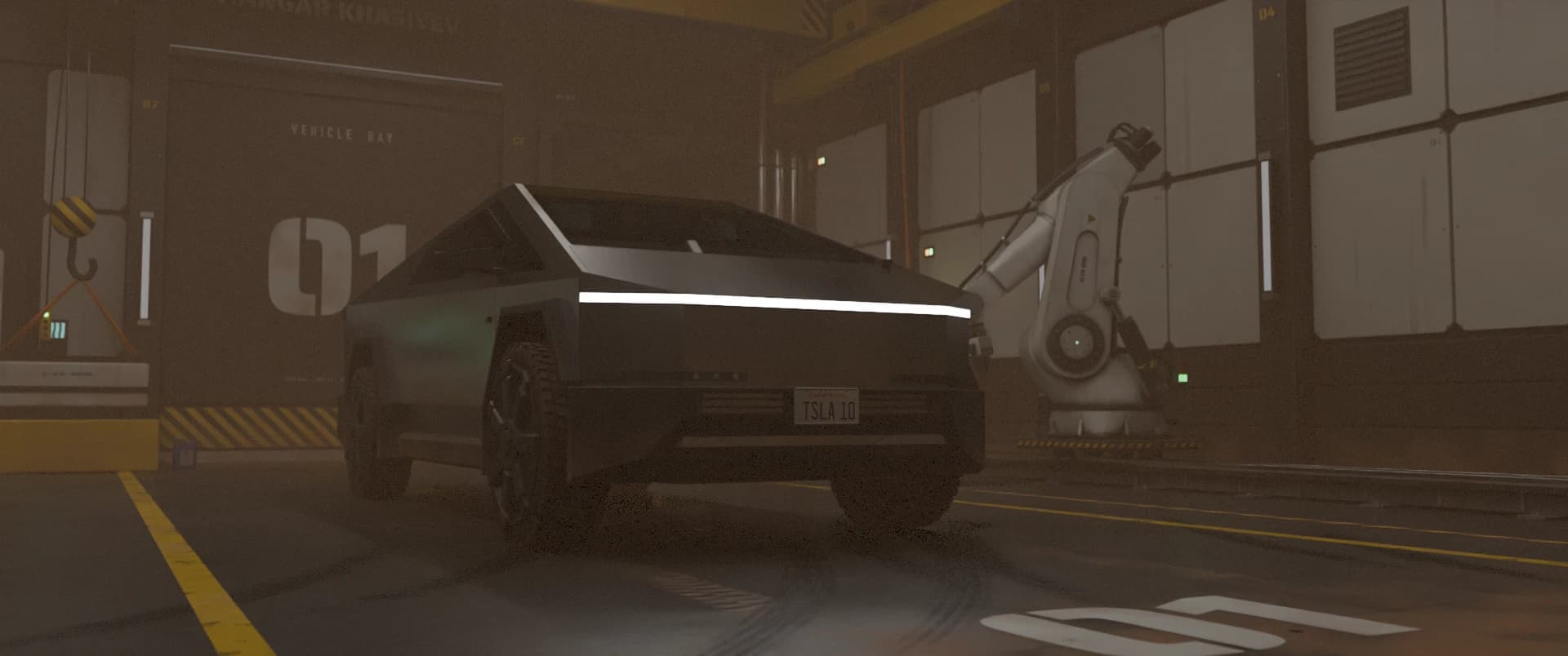 The Cybertruck in the hangar with its light bar on, raw render