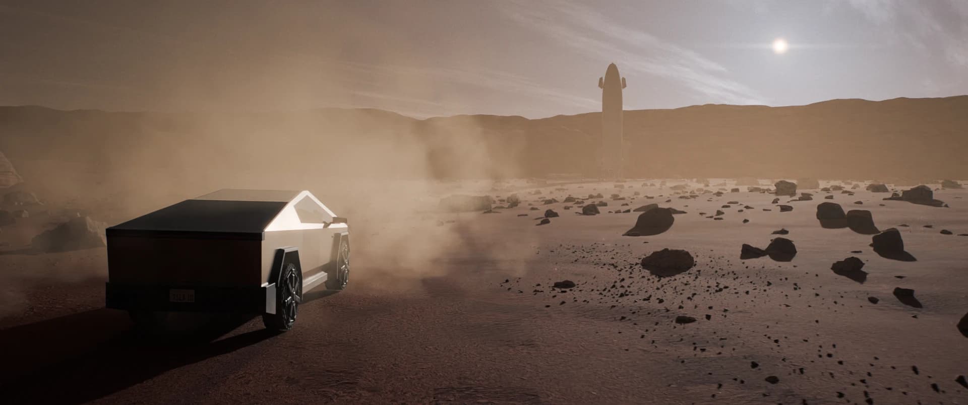 The Cybertruck parked in a dust cloud facing Starship, graded