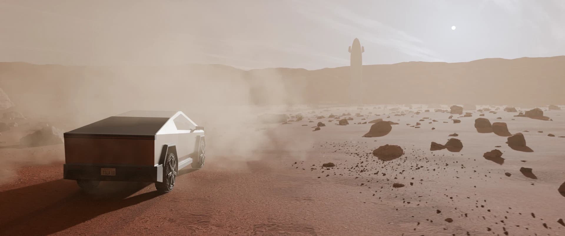 The Cybertruck parked in a dust cloud facing Starship, raw render